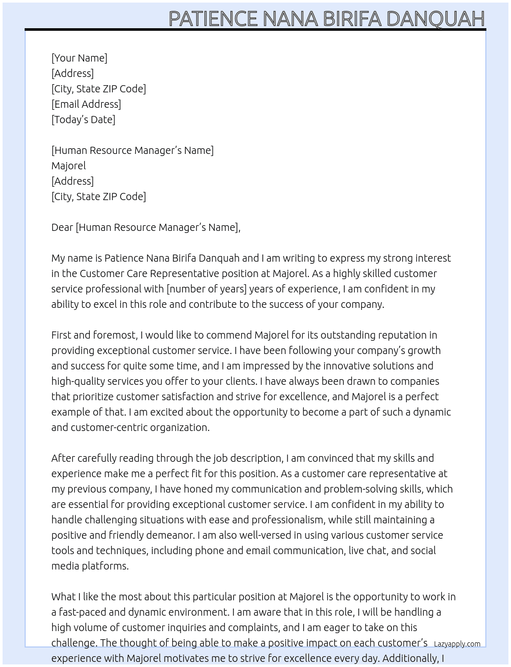 Customer care representative  At Majorel Cover Letter