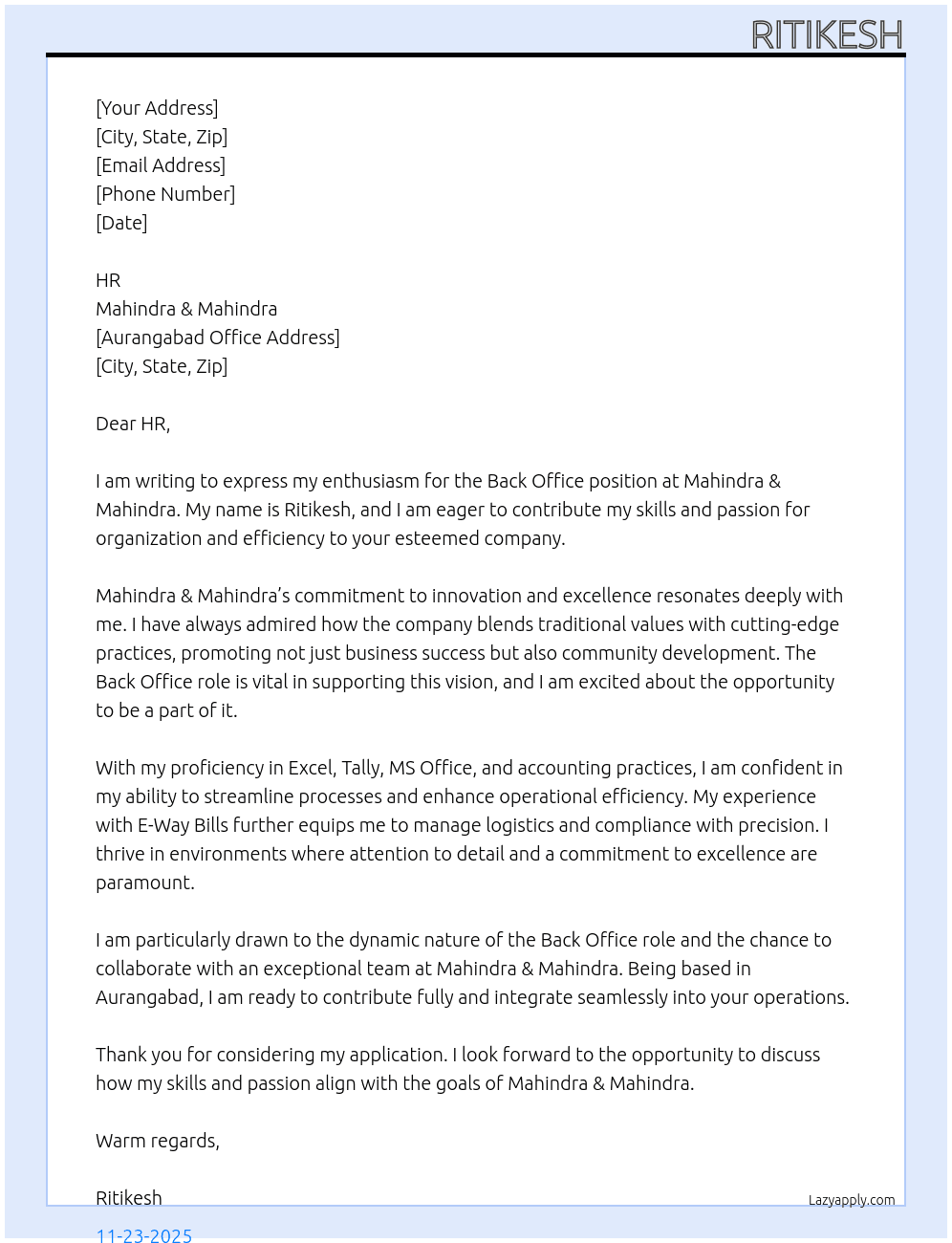 BACK OFFICE At MAHINDRA & MAHINDRA Cover Letter