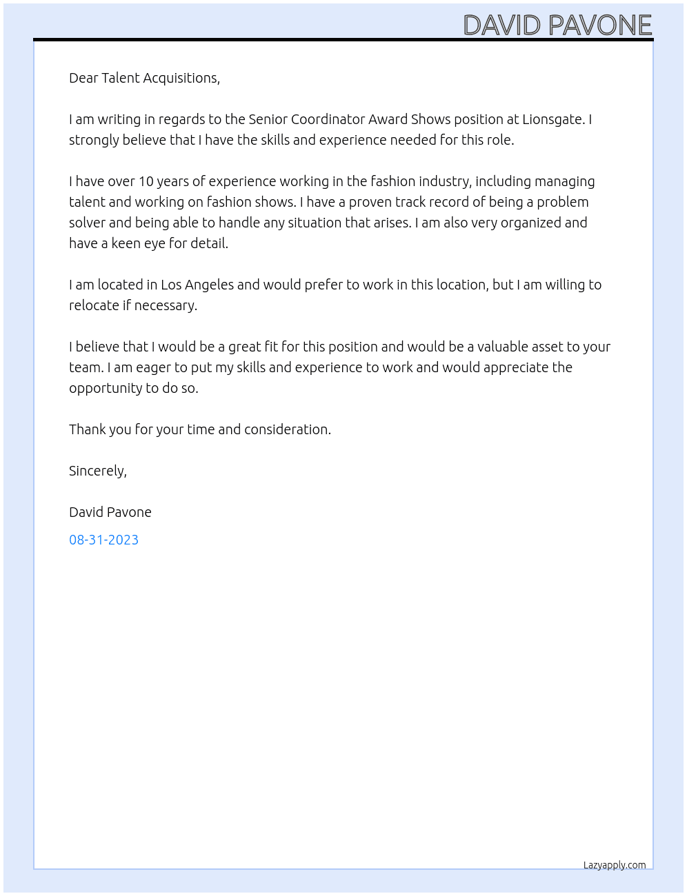 Senior Coordinator Award Shows At Lionsgate Cover Letter