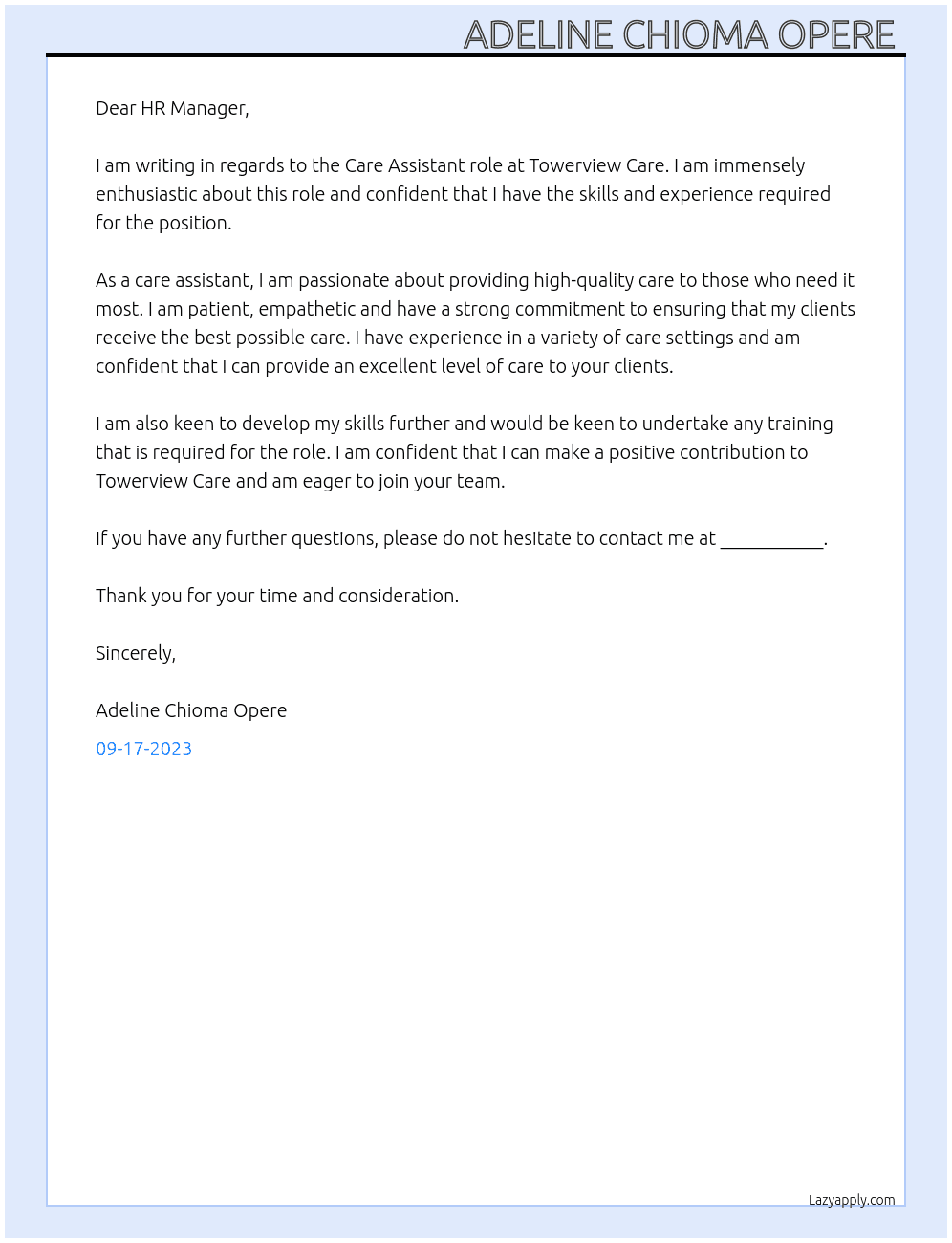 Care Assistant  At Towerview Care  Cover Letter