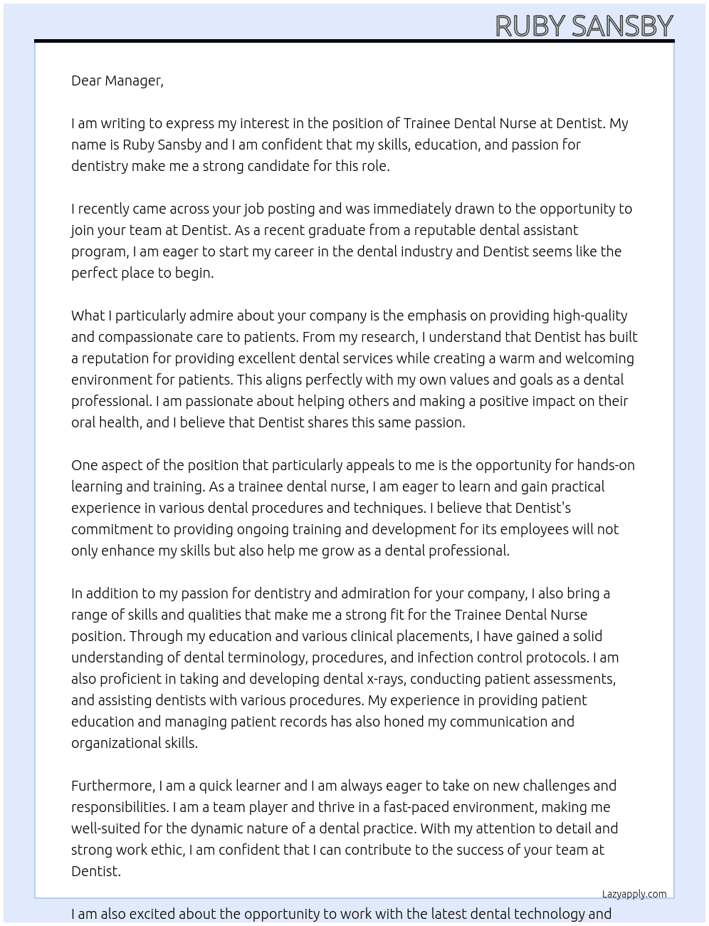 trainee dental nurse  At Dentist  Cover Letter