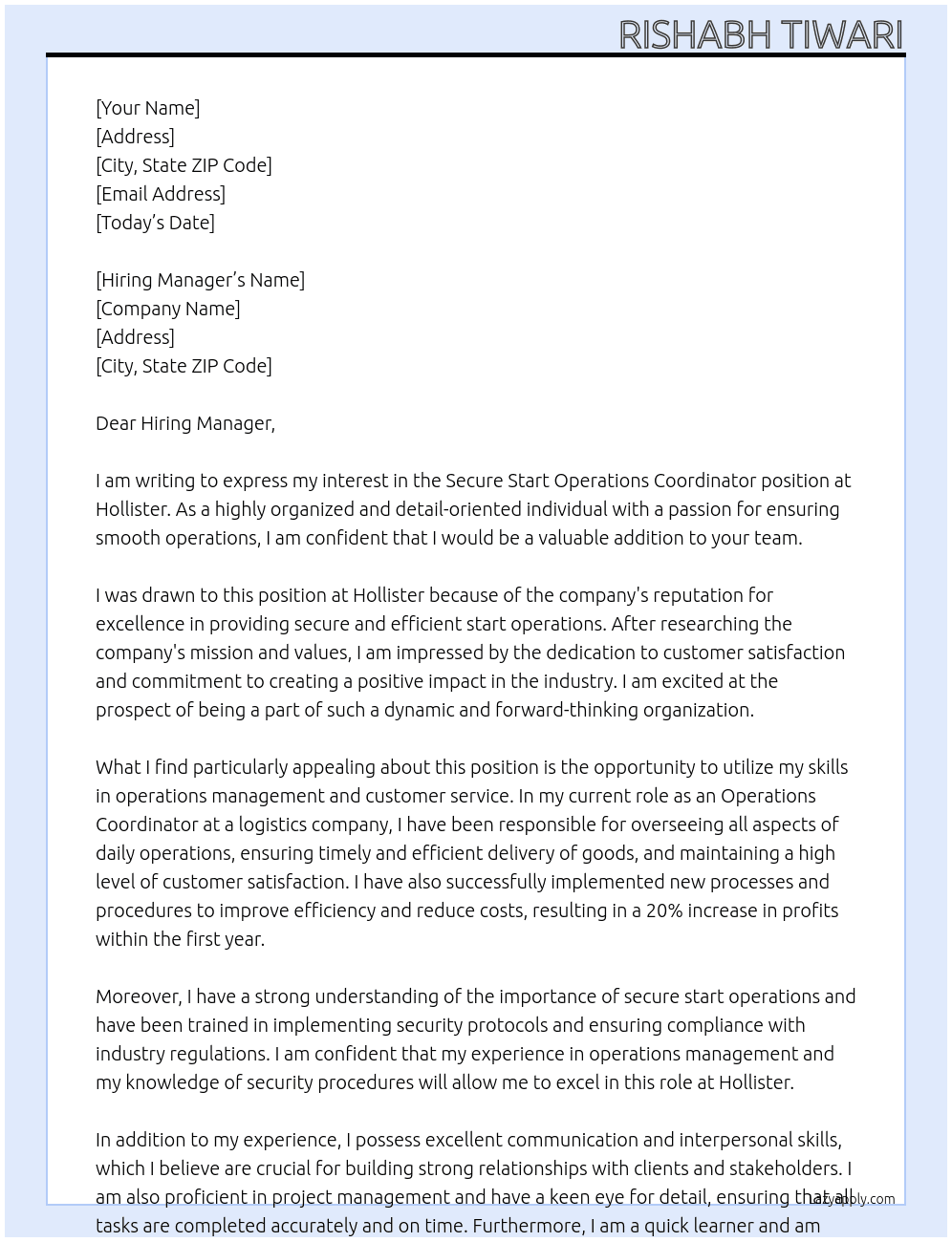 Secure start operations coordinator  At Hollister Cover Letter