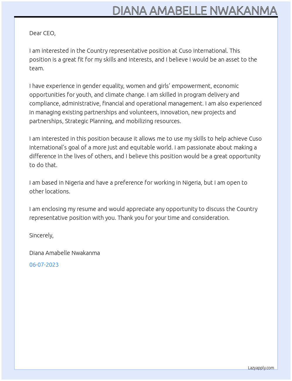 Country representative At Cuso International  Cover Letter