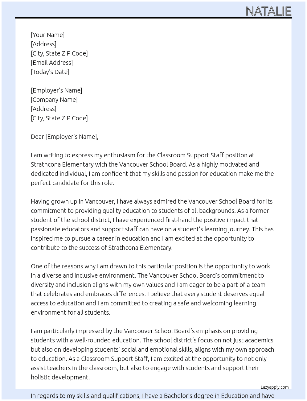 Classroom support staff At Vancouver School Board Cover Letter