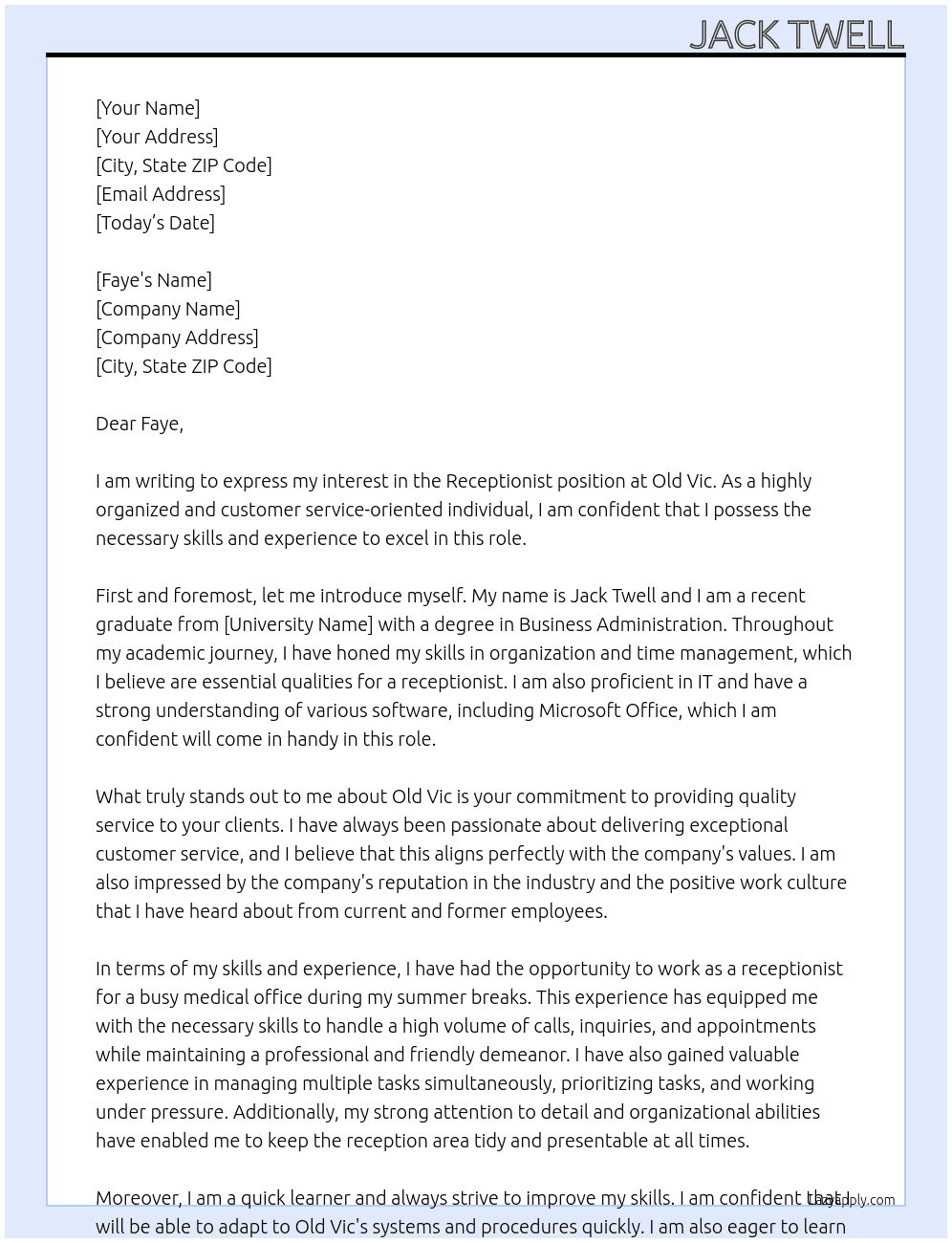 Receptionist At Old vic Cover Letter
