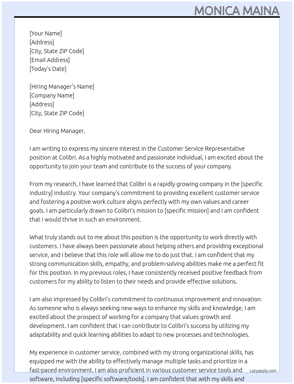 Customer Service representative At Colibri Cover Letter