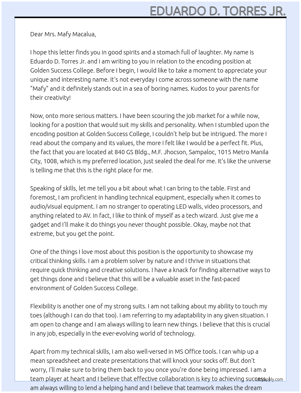 encoding At Golden Success College Cover Letter