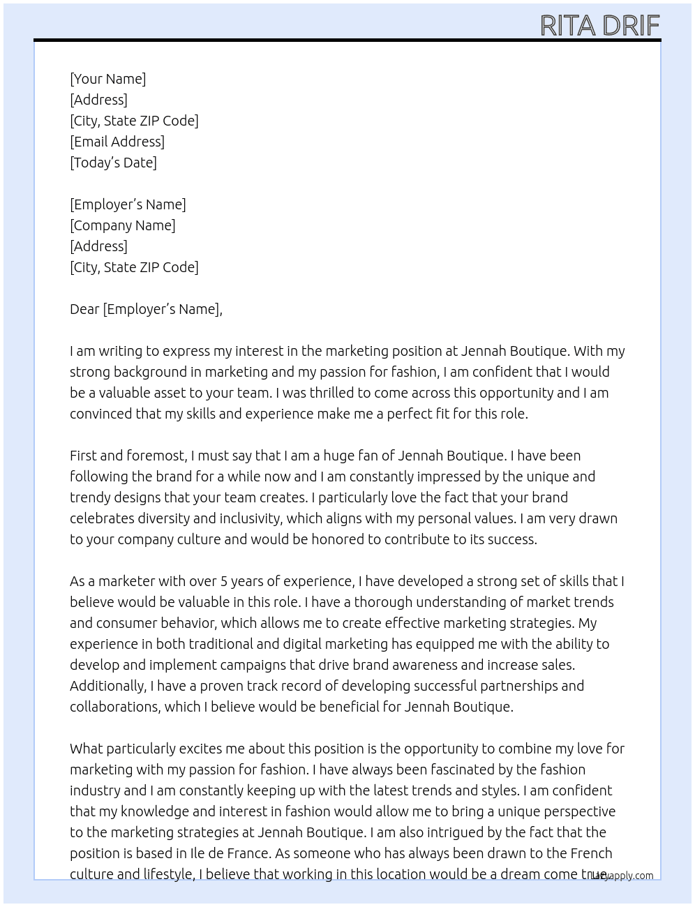 marketing At jennah boutique Cover Letter
