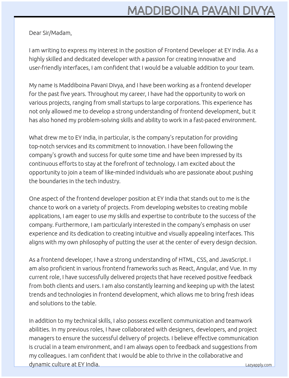 frontend developer At ey india Cover Letter