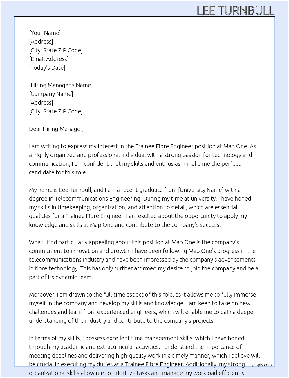 Trainee Fibre Engineer At Map One Cover Letter