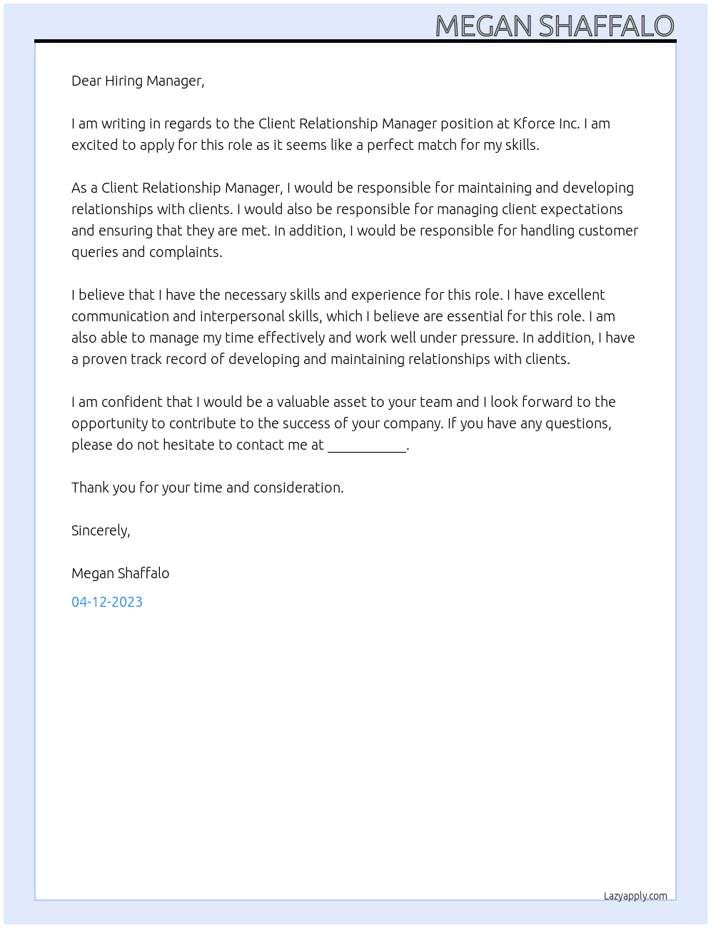 Client Relationship Manager At Kforce Inc Cover Letter
