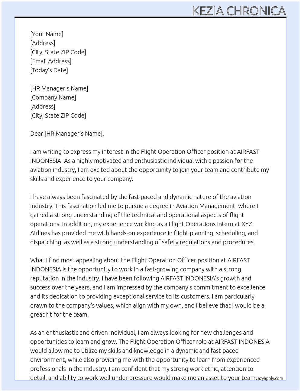 Flight Operation Officer At AIRFAST INDONESIA Cover Letter