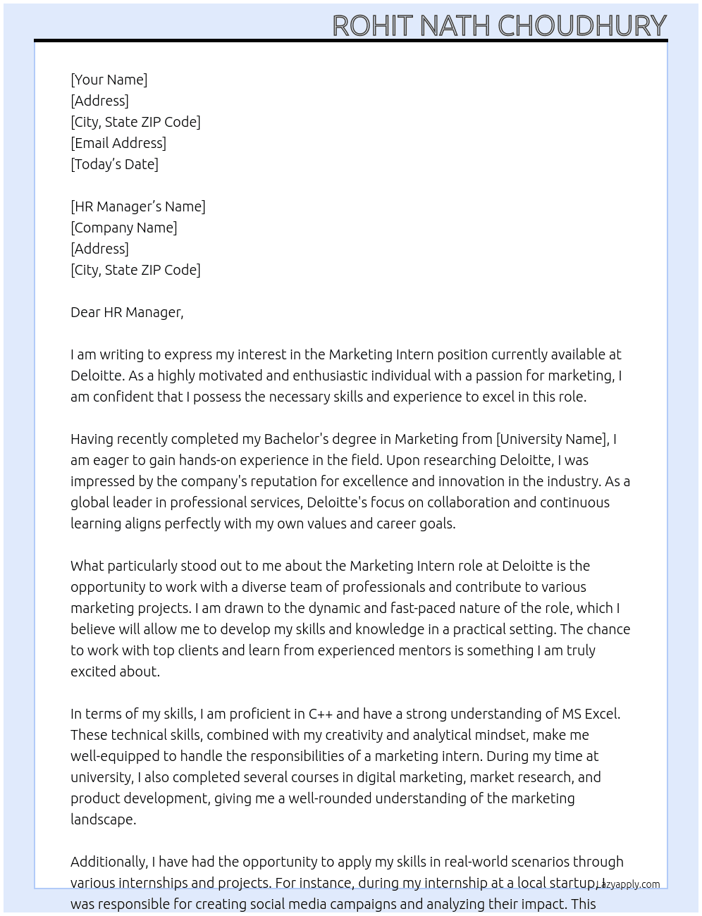 Marketing Intern At Deloitte  Cover Letter