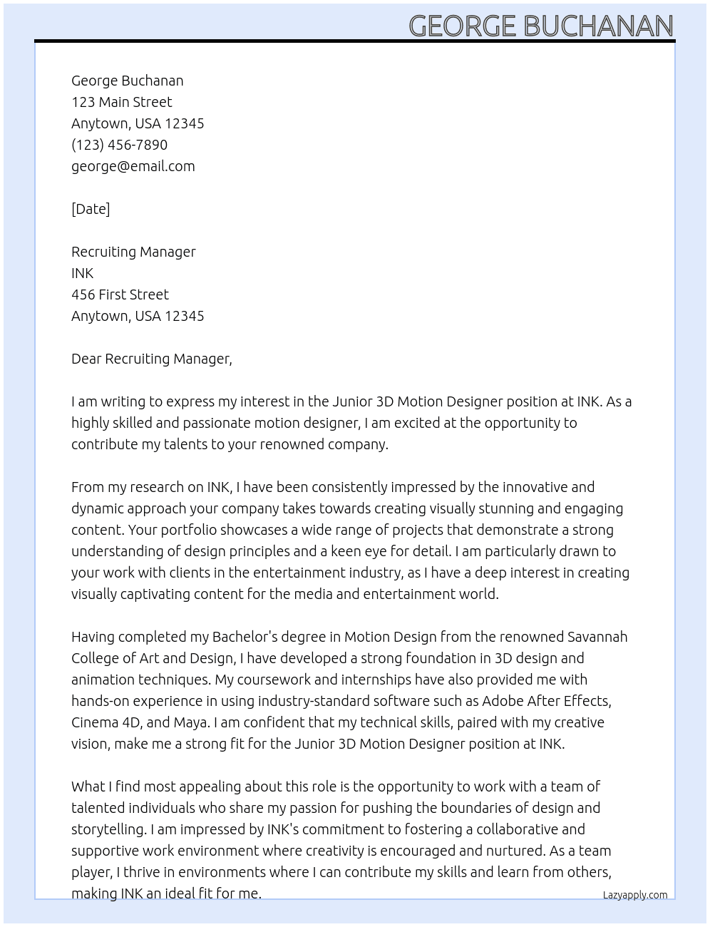 Junior 3D Motion Designer At INK Cover Letter