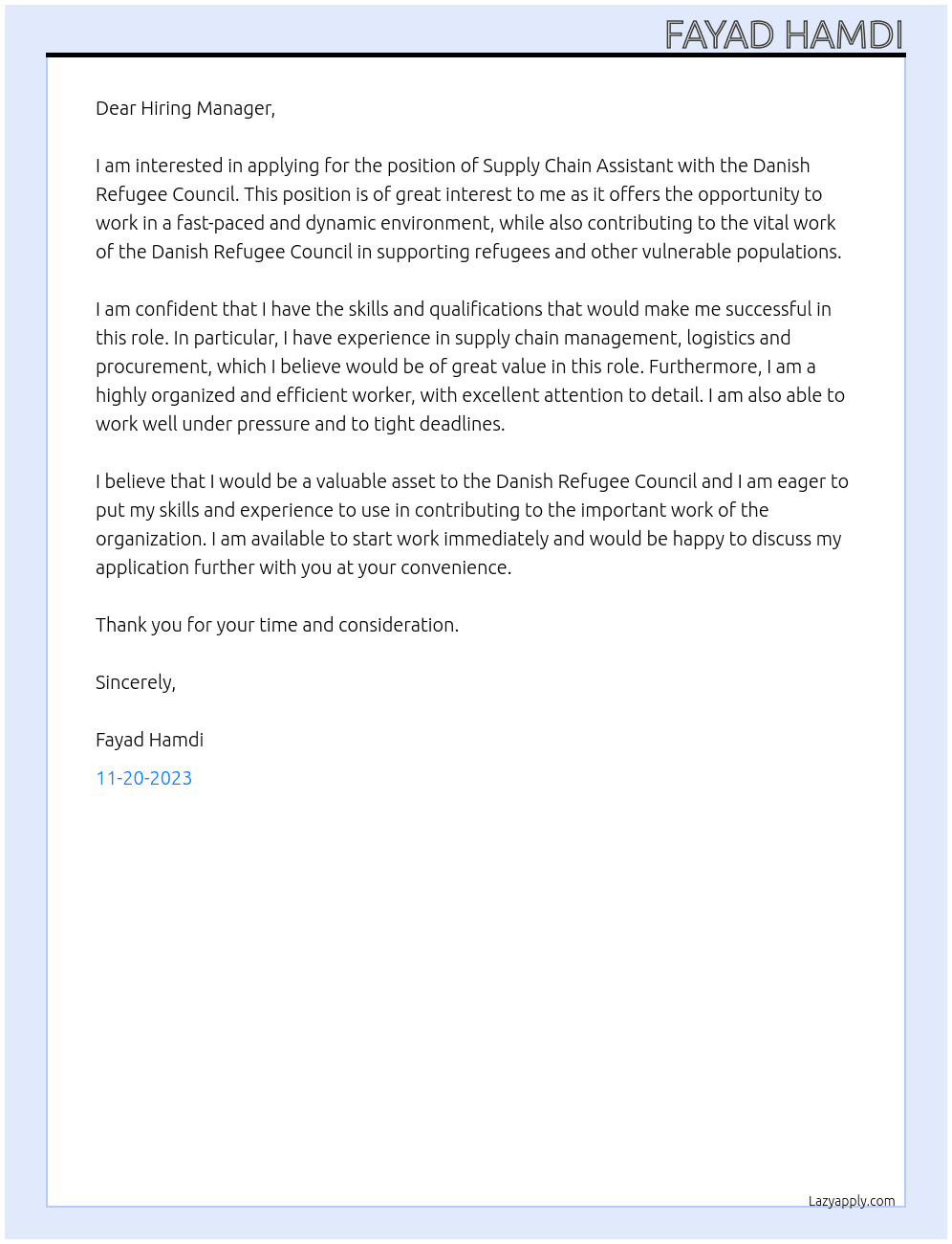 Supply chain assistant  At Danish Refugee Council  Cover Letter