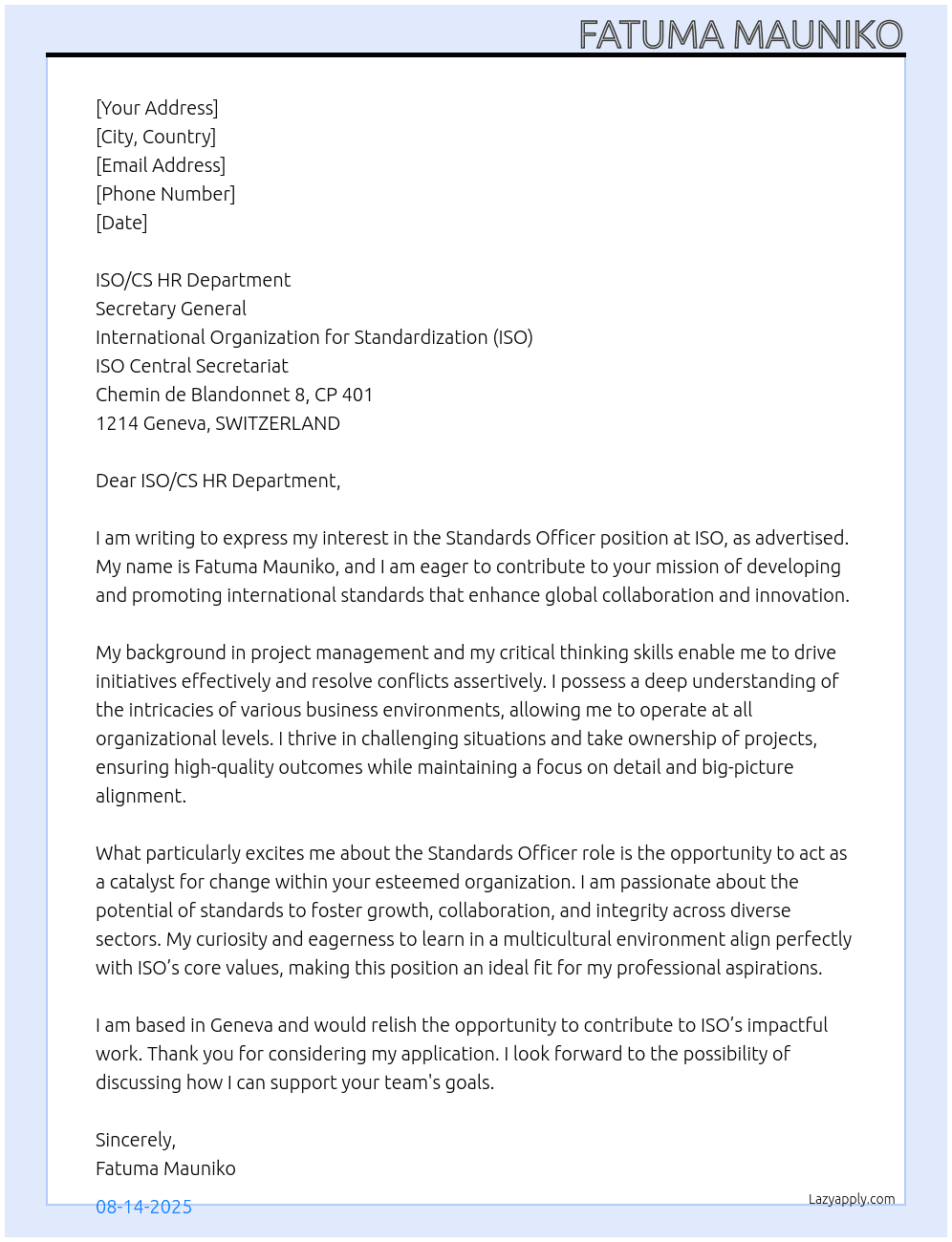 Cover letter for standards officer - LazyApply