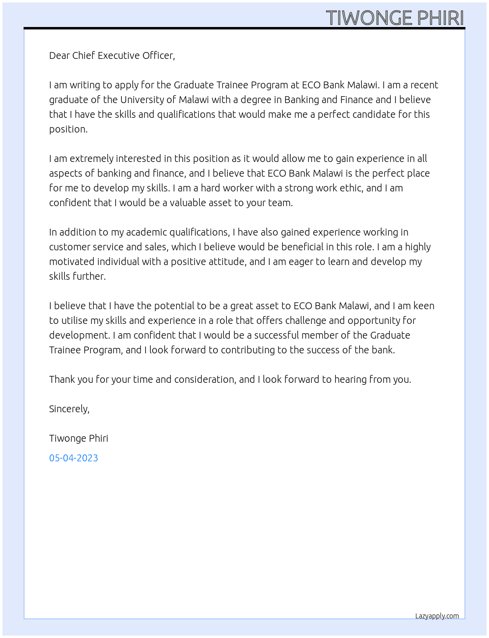 Graduate Trainee Program At ECO Bank Malawi Cover Letter
