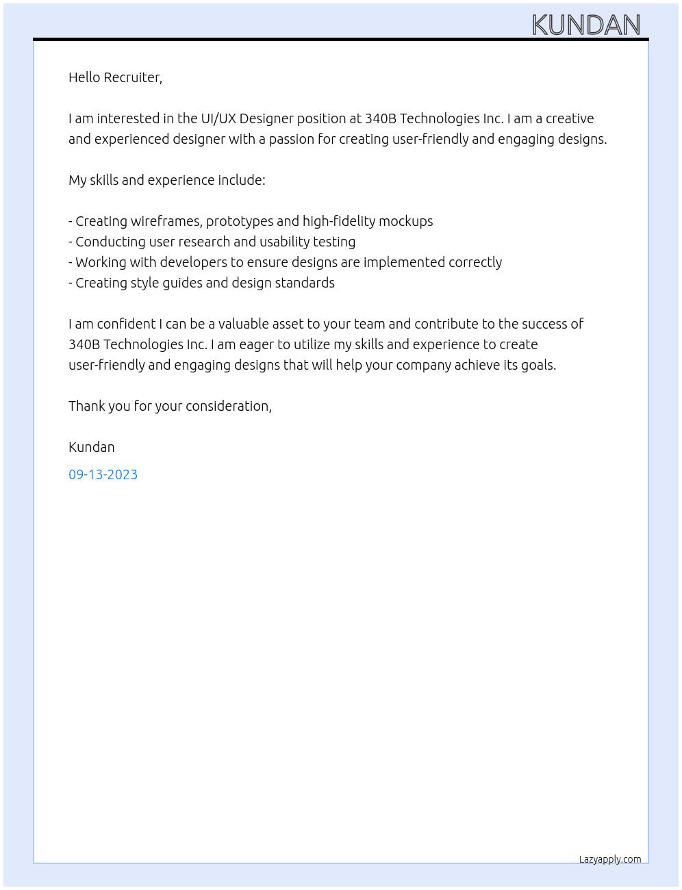 UI UX Designer  At 340B Technologies Inc Cover Letter
