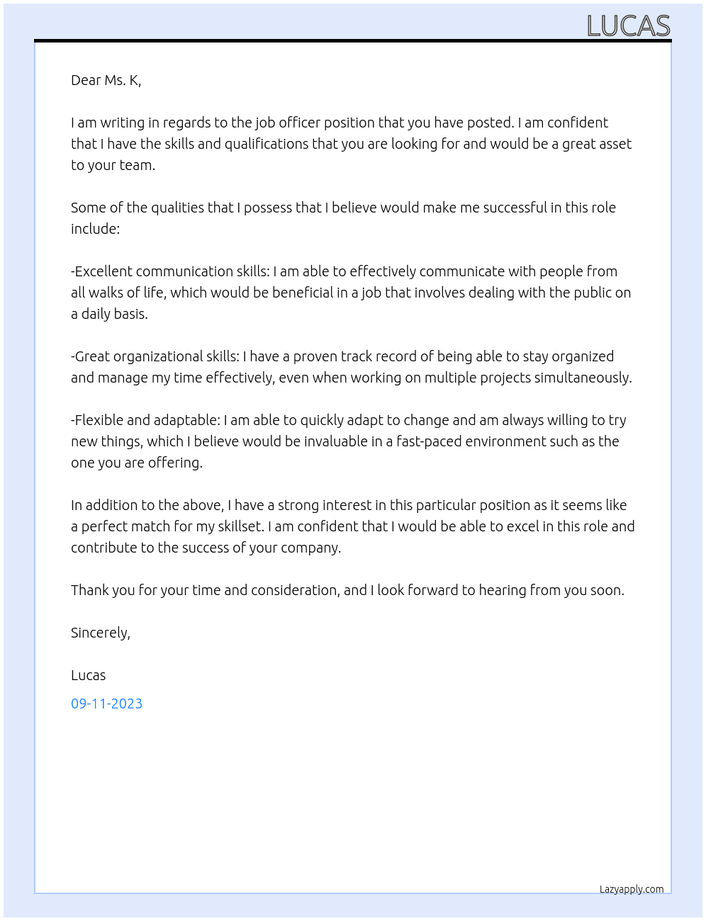 job officer At ms.k Cover Letter