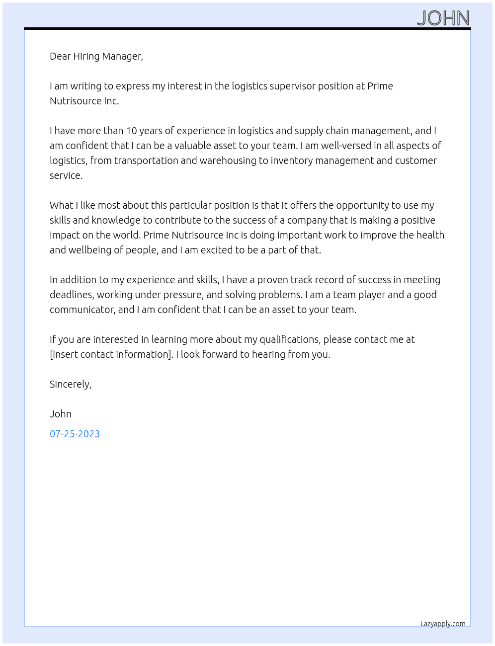 logistics supervisor At Prime Nutrisource Inc Cover Letter