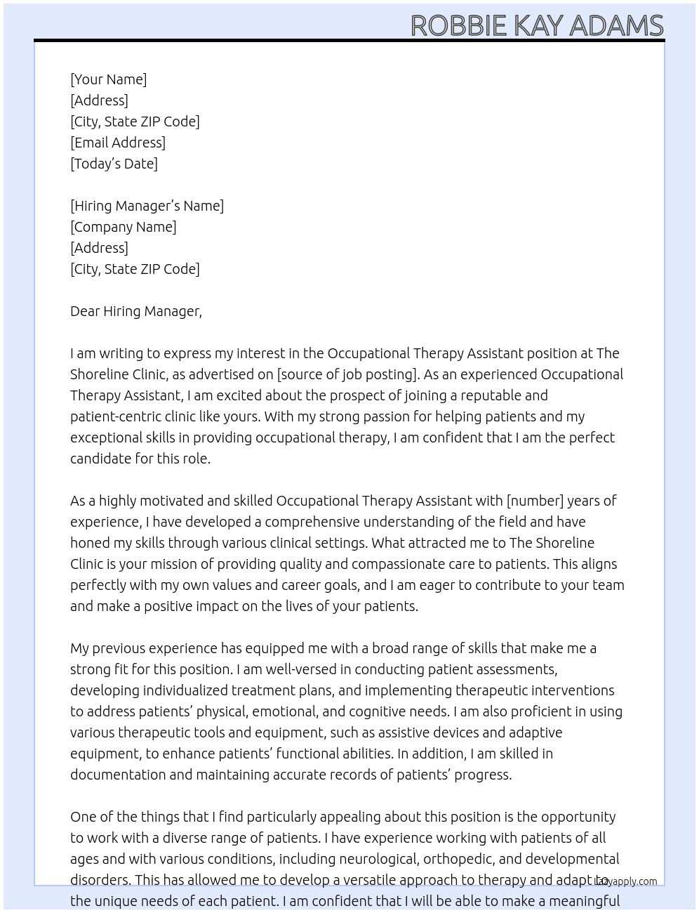 Occupational Therapy Assistant At The Shoreline Clinic Cover Letter