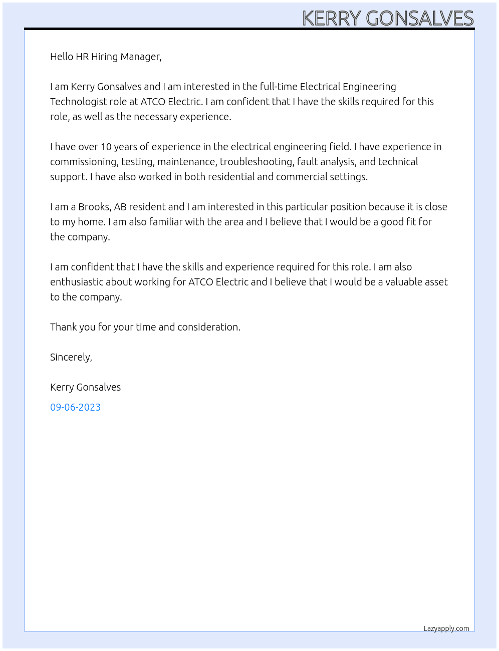 Electrical Engineering Technologist At ATCO Electric Cover Letter
