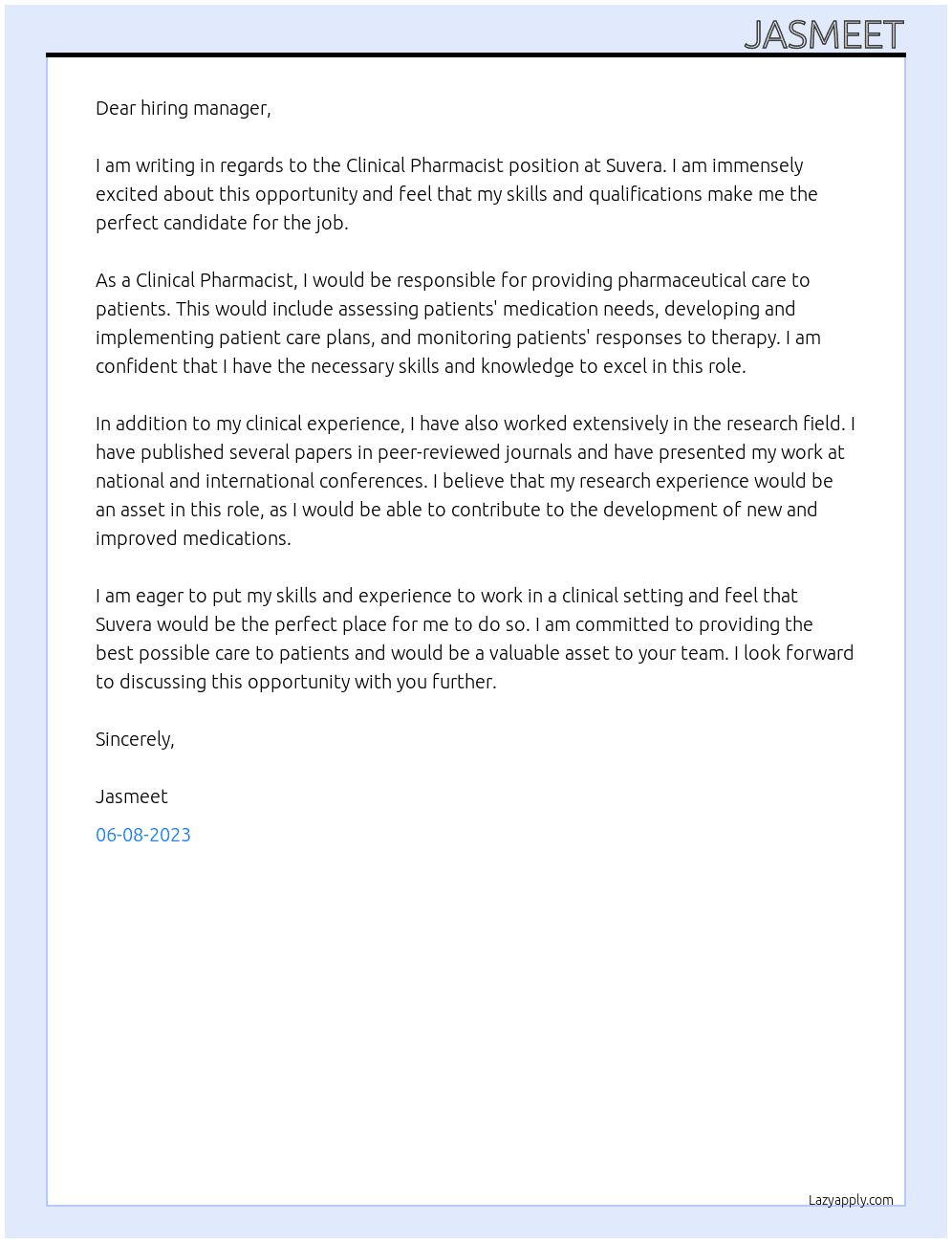 Clinical Pharmacist At Suvera Cover Letter