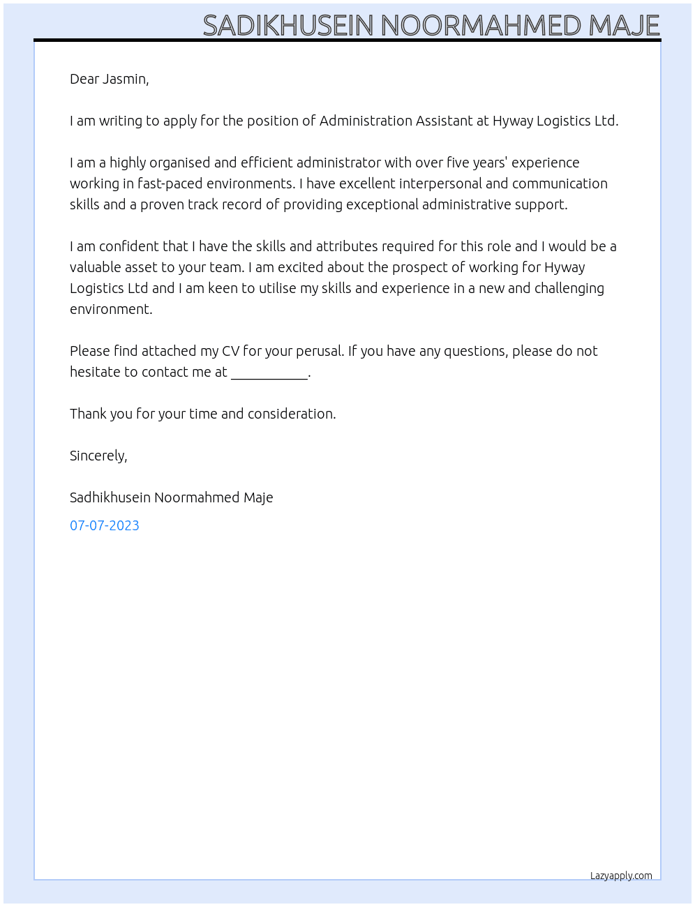 administration assistant  At Hyway Logistics Ltd Cover Letter