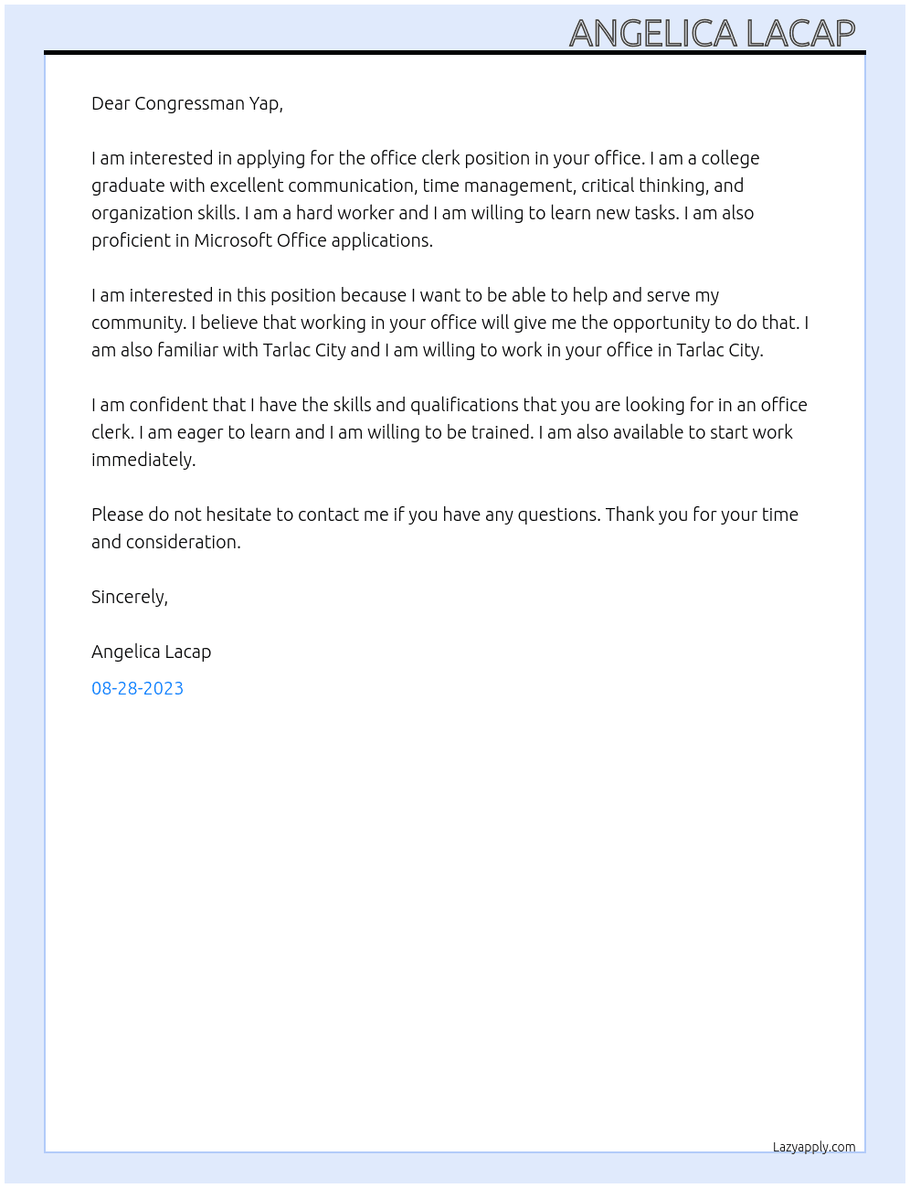 Office clerk At Office of the Congressman Cover Letter