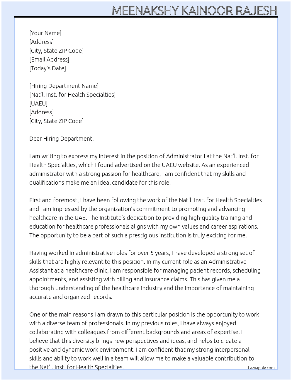 Administrator I -Nat'l. Inst. for Health Specialties At UAEU Cover Letter
