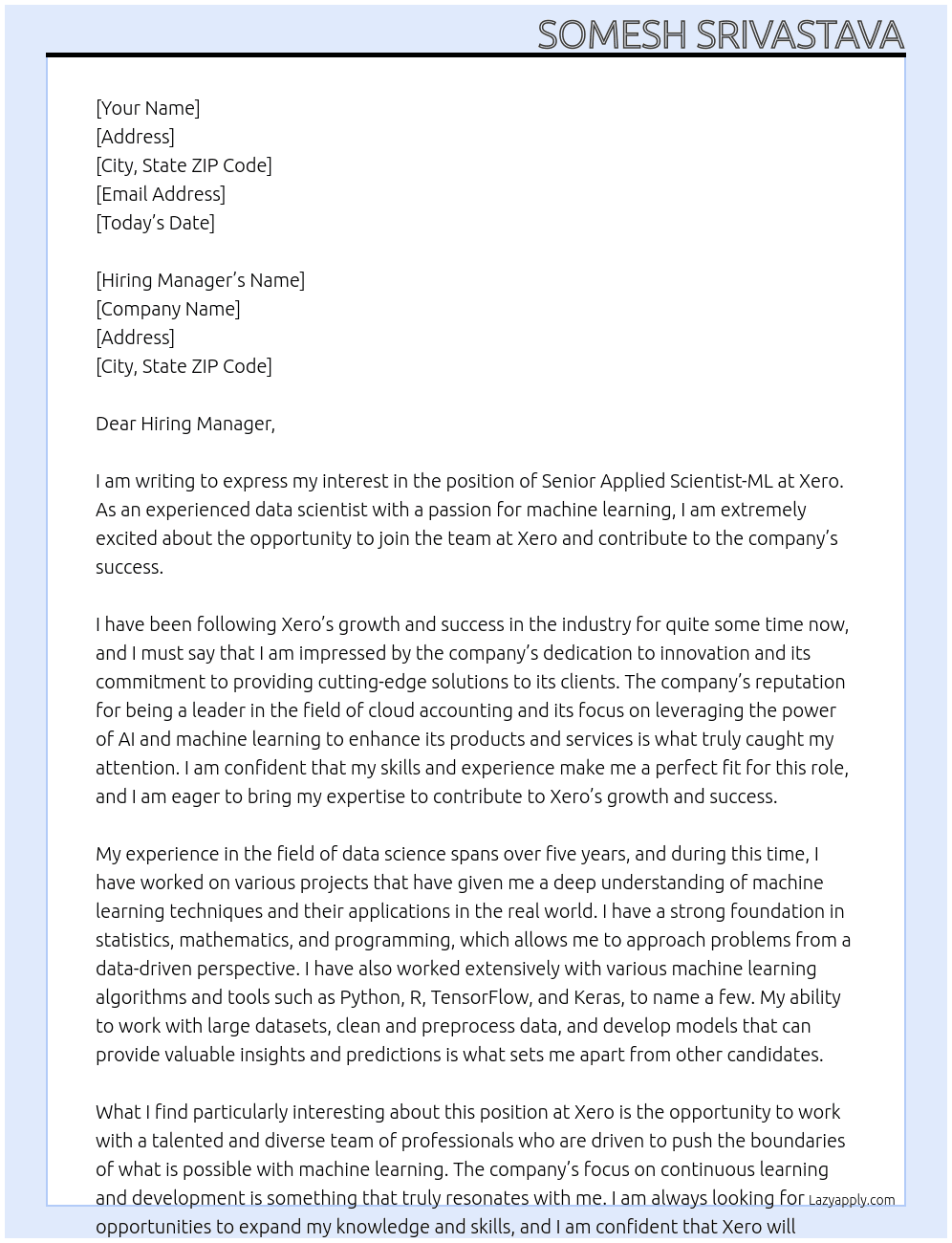 Senior Applied Scientist-ML At Xero Cover Letter