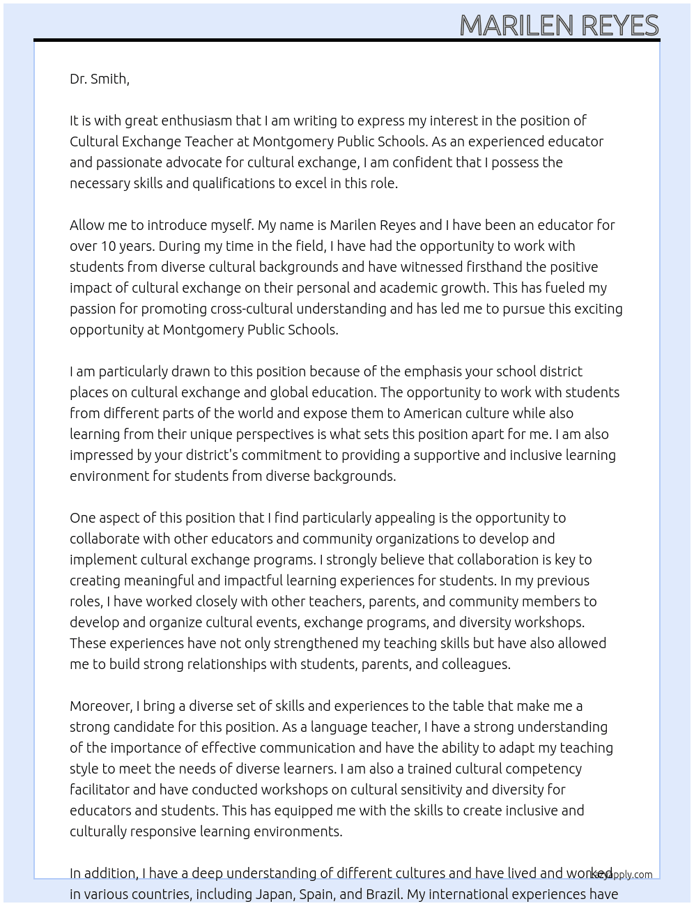 cultural Exchange Teacher in the USA At Mongtgomery Public Schools Cover Letter
