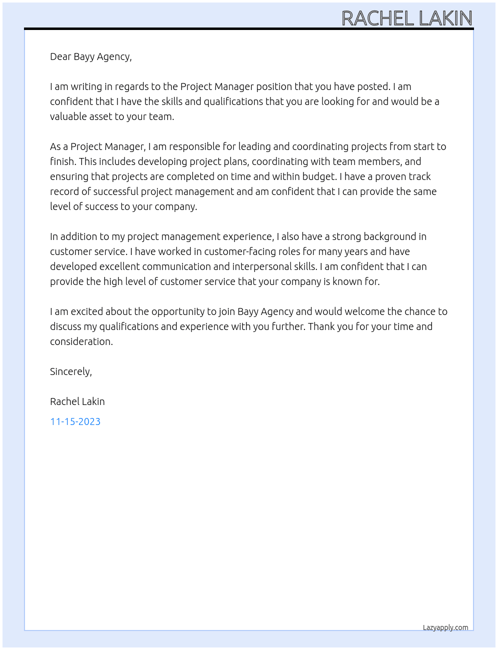 Project Manager At Bayy Agency Cover Letter