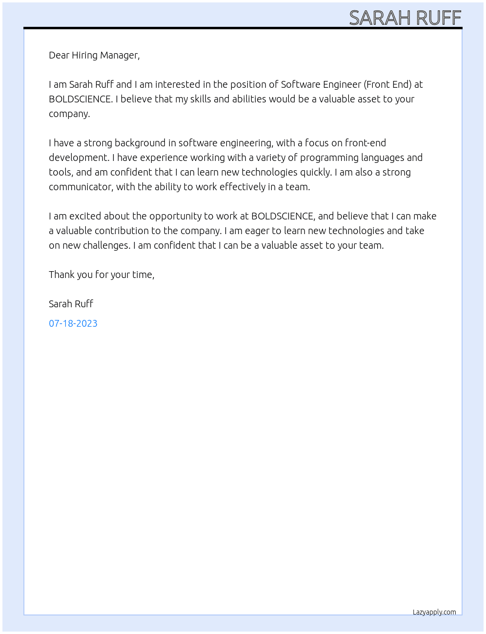 Software Engineer (Front End) At BOLDSCIENCE Cover Letter