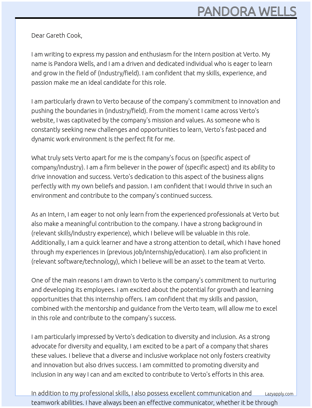 Intern At Verto Cover Letter