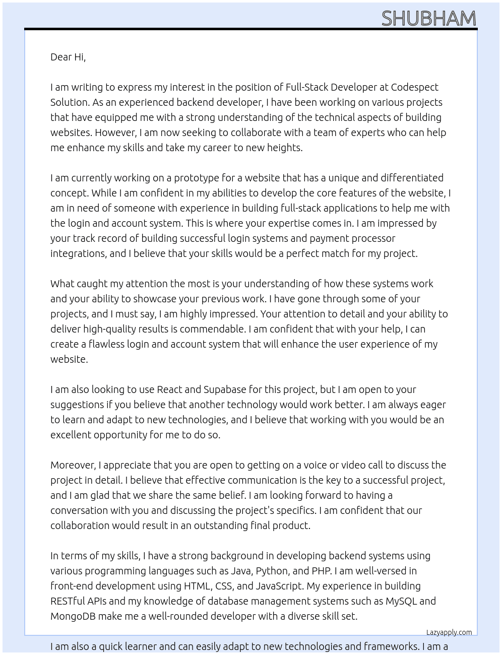 full stack developer At Codespect Solution Cover Letter