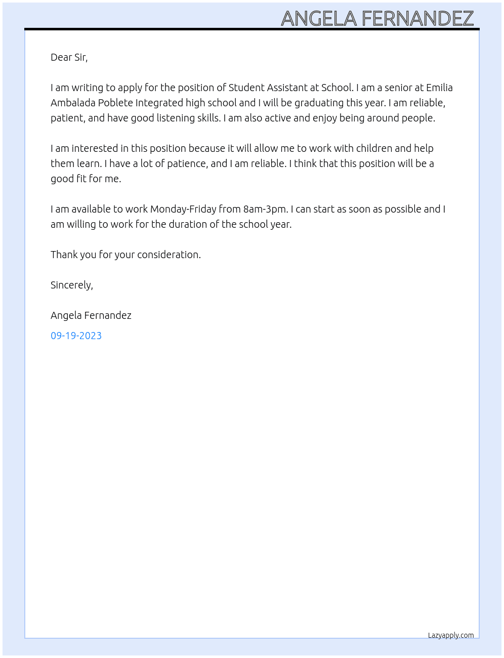 Student assistant  At School  Cover Letter
