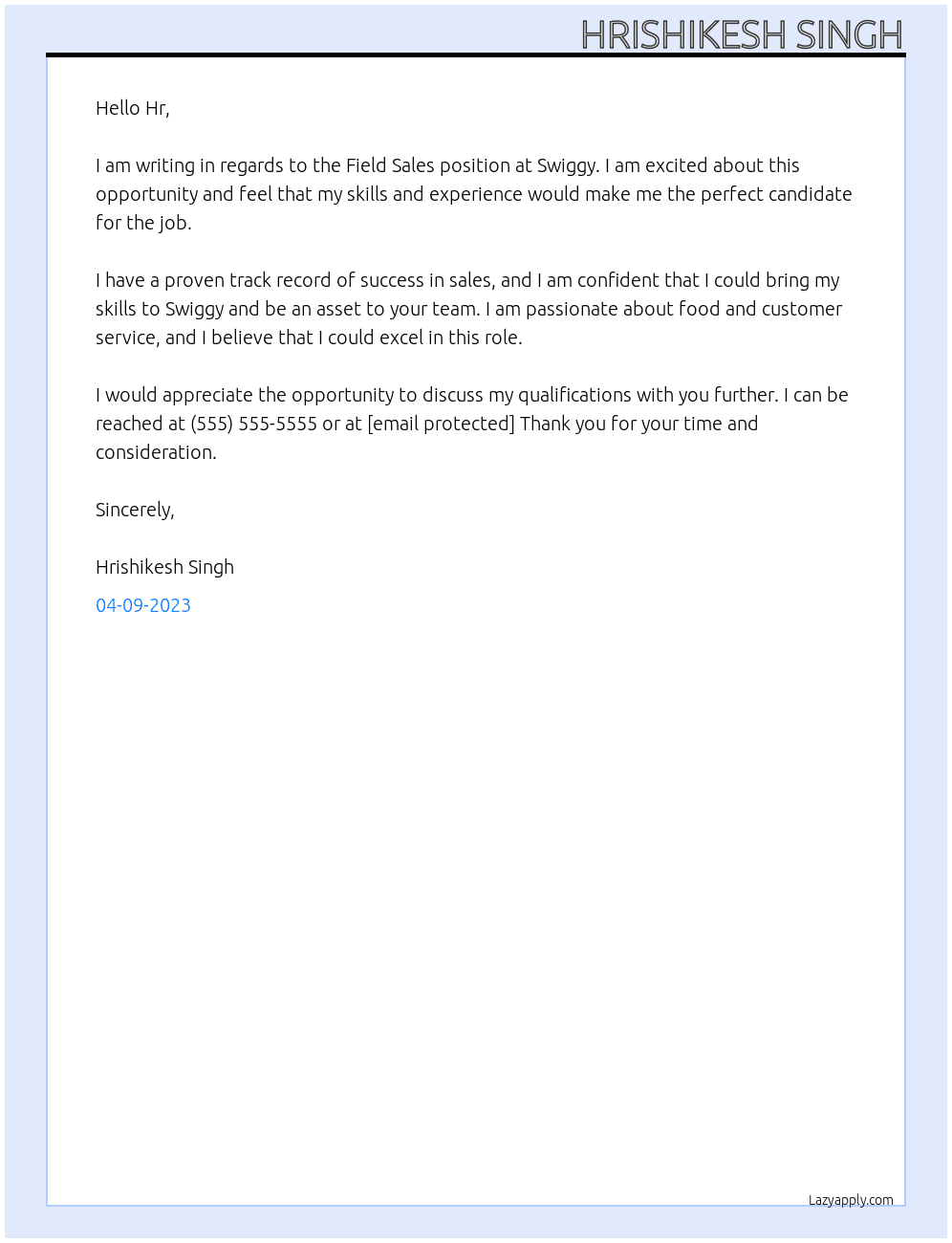 Field Sales At swiggy Cover Letter