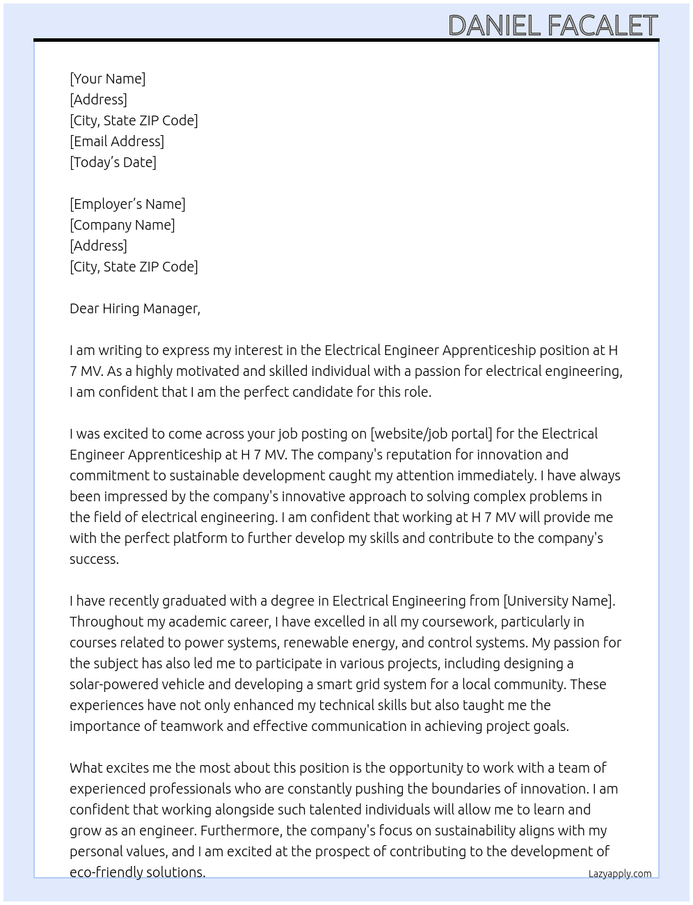 Cover letter for electrical engineer apprenticeship - LazyApply