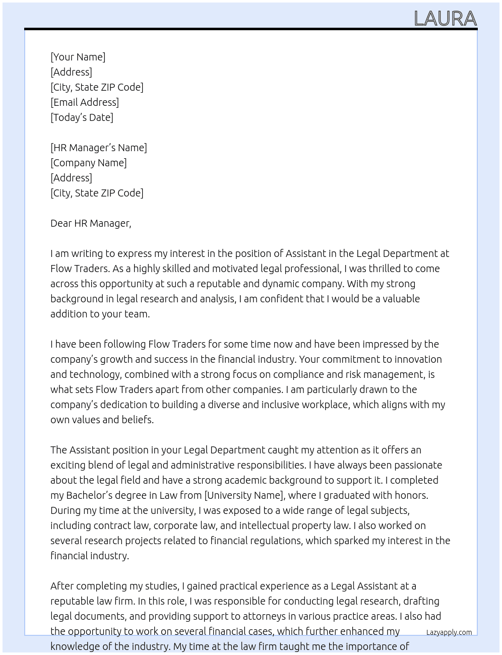 Assistant (Legal Department) At Flow Traders Cover Letter