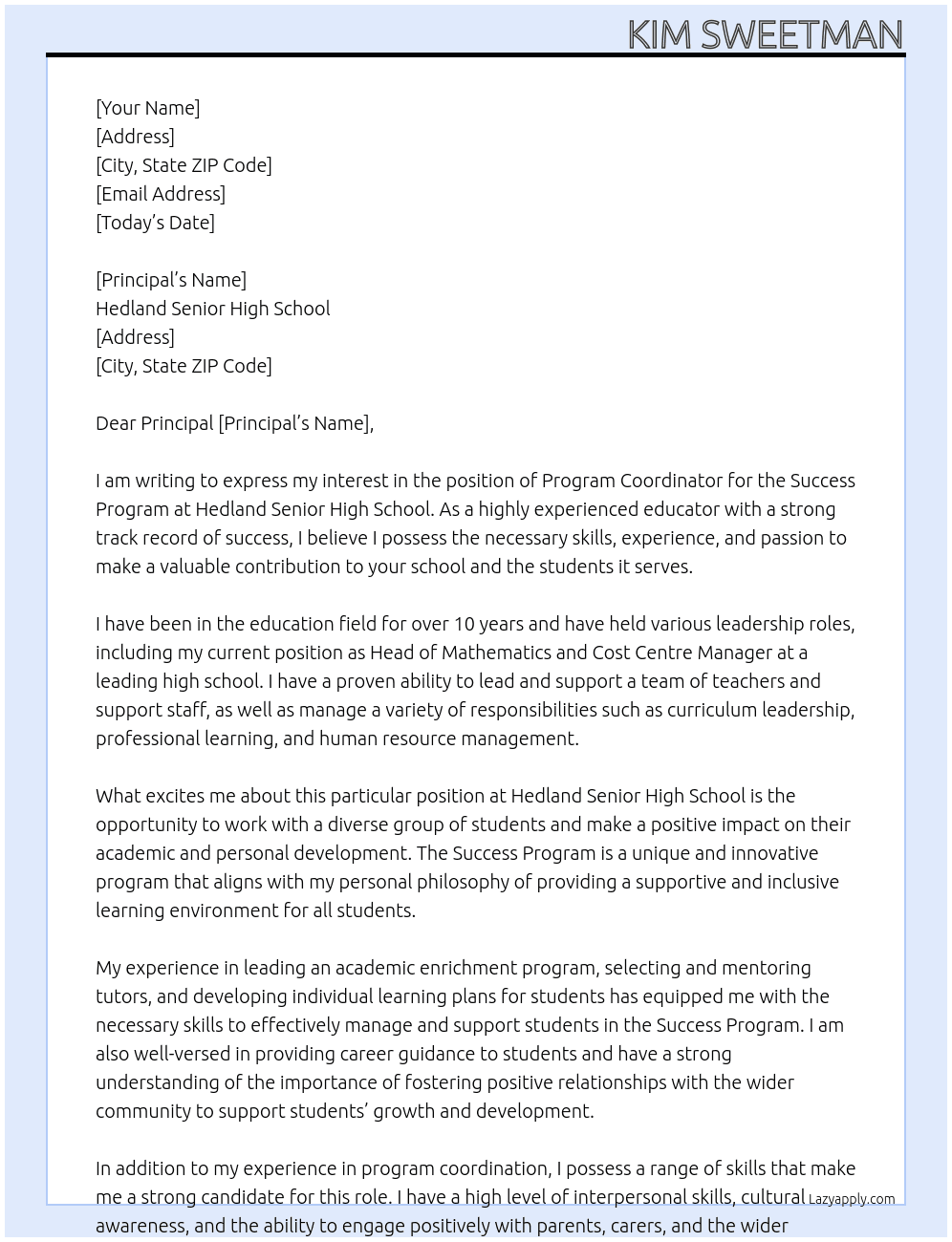 Program Coordinator success Program At Hedland Senior High School Cover Letter