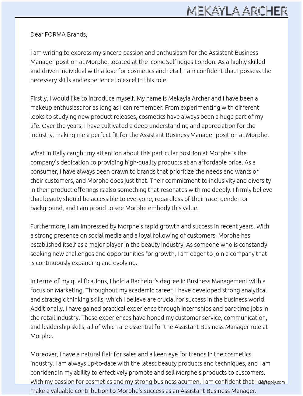 Assistant Business Manager At Morphe Cover Letter