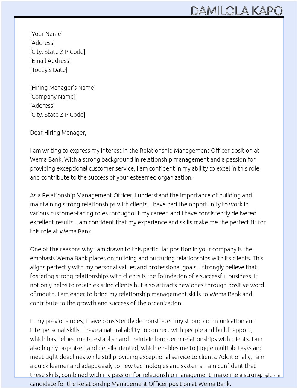 Relationship Management Officer At Wema Bank Cover Letter