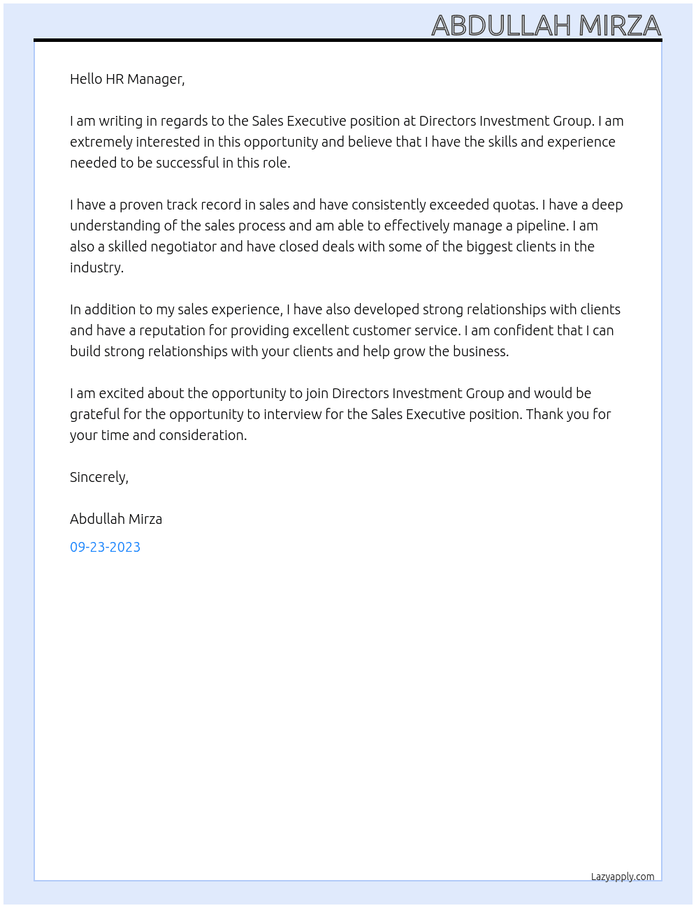 Sales Executive At Directors Investment Group Cover Letter