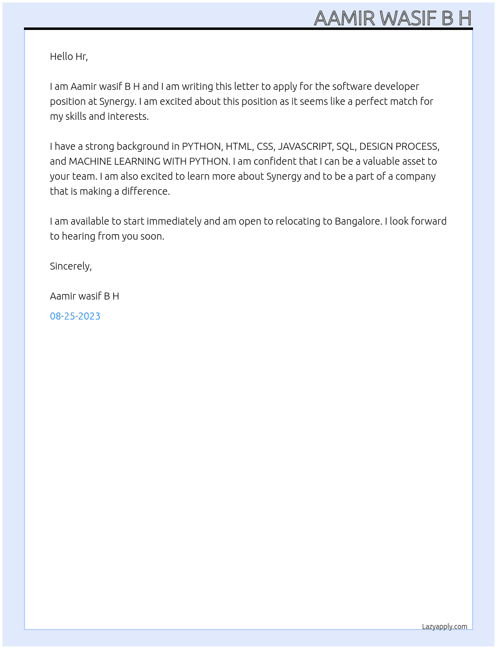 software developer At Synergy Cover Letter