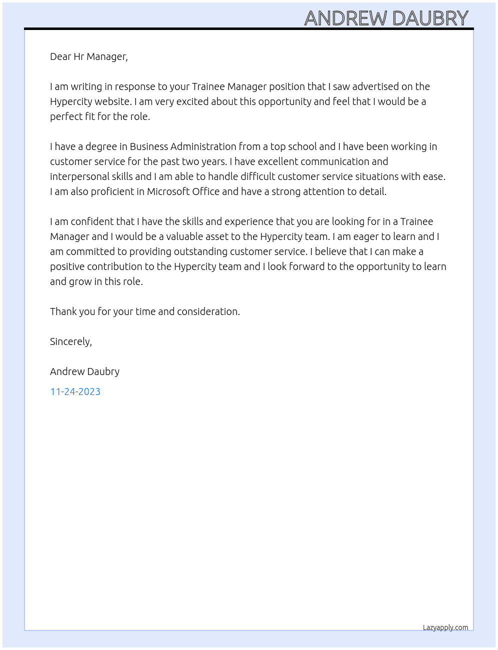 Trainee Manager  At Hypercity  Cover Letter