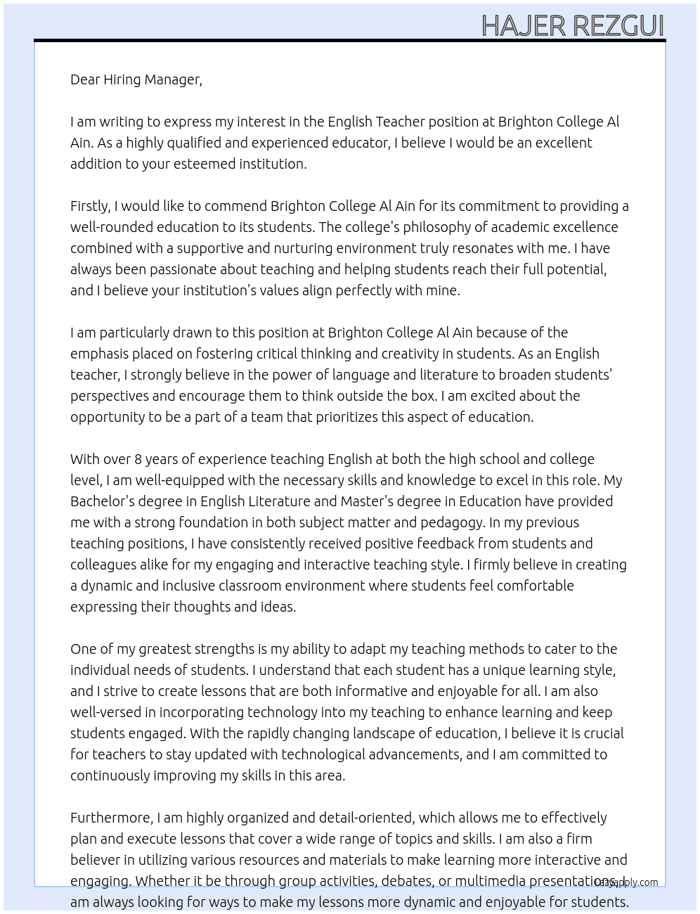 english teacher At Brighton College Al Ain Cover Letter