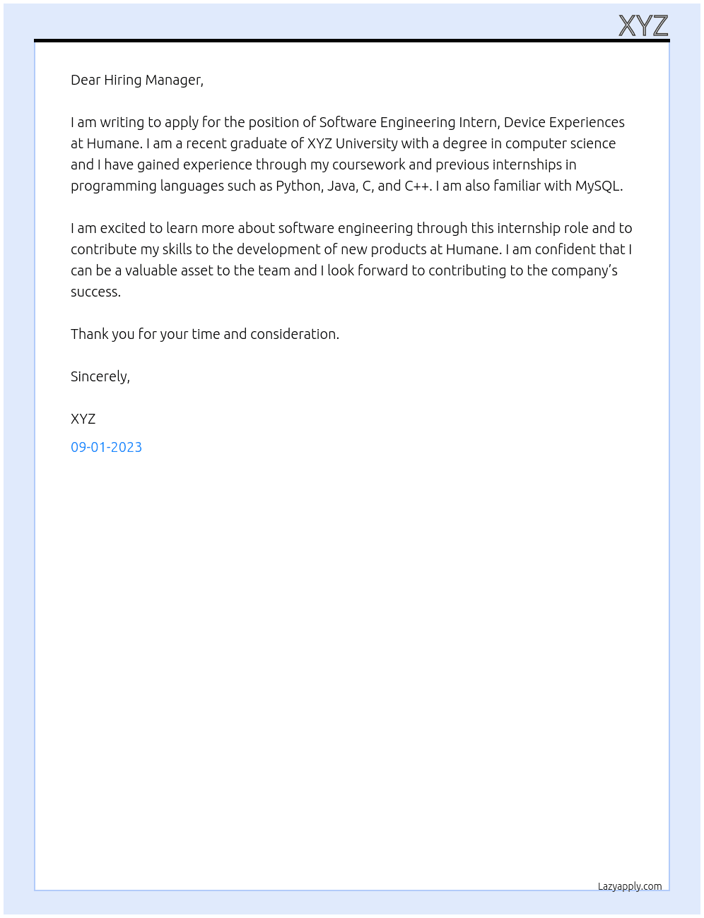 Software Engineering Intern, Device Experiences At Humane Cover Letter