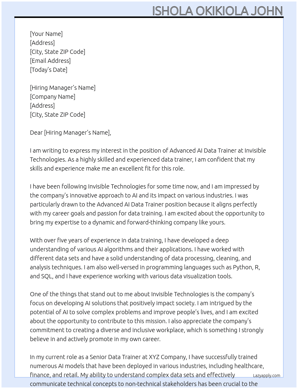 Advanced AI Data Trainer At Invisible technologies Cover Letter