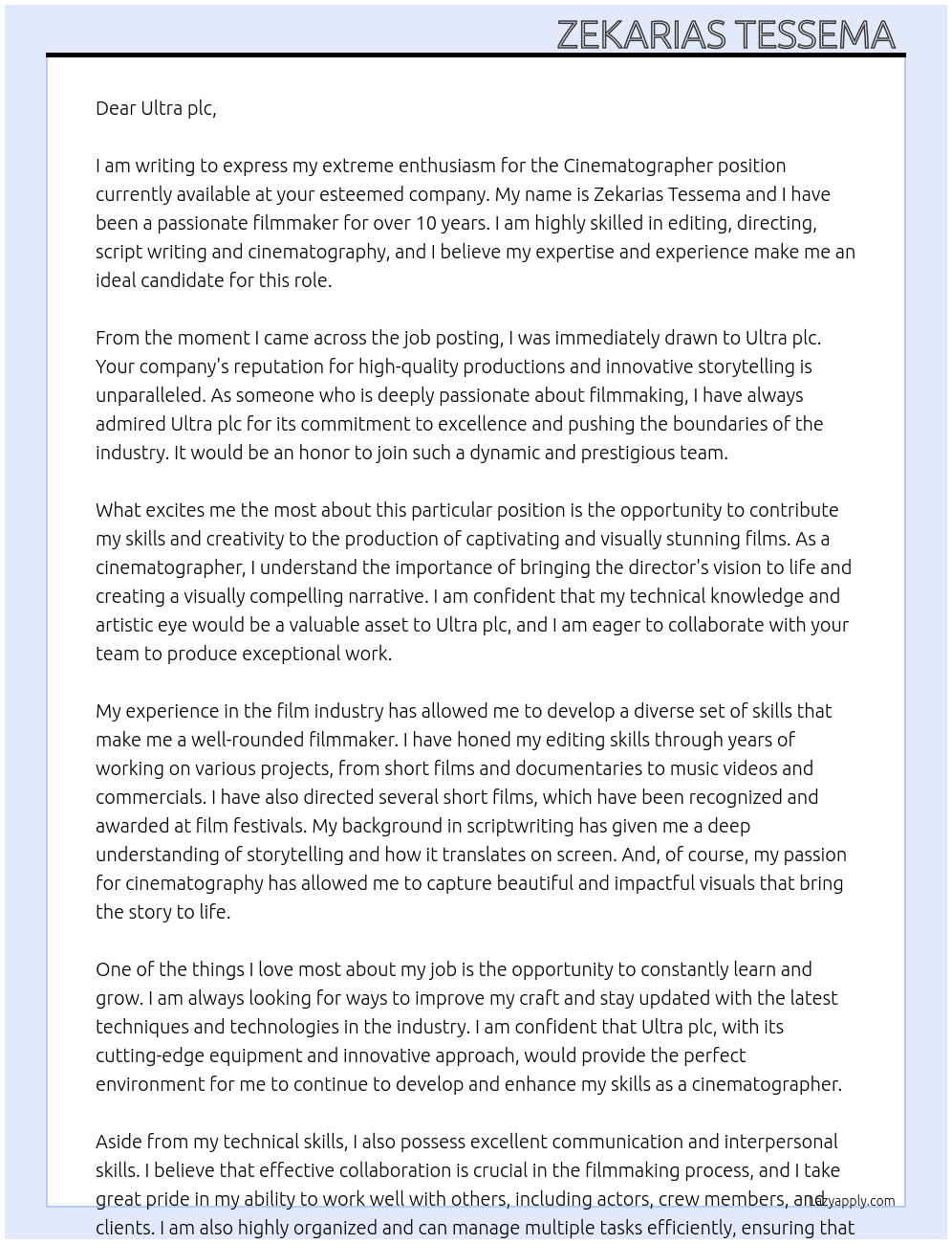 Cinematographer At Ultra plc Cover Letter